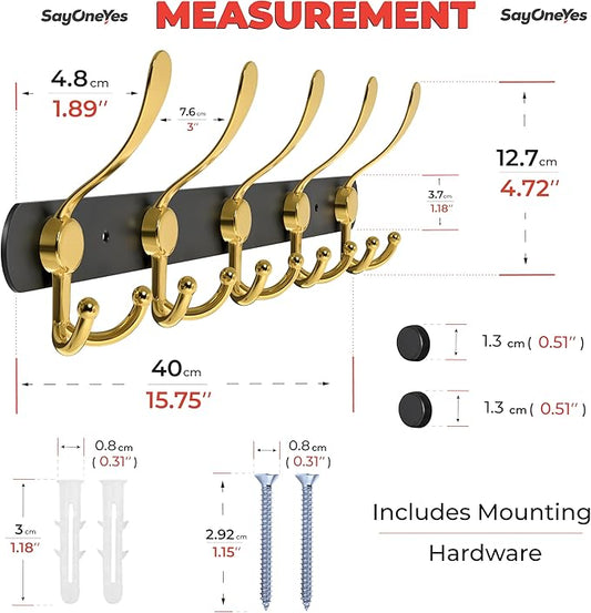 Coat Rack Wall Mount with 5 Tri Hooks, Stainless Steel 16 Inch – Black & Gold Matte Finish, Heavy Duty Wall Mounted Hook Rack for Coats, Hats, Towels, Scarfs, Robes, Bags, Entryway & Bathroom, 3 Pack-NeatNest