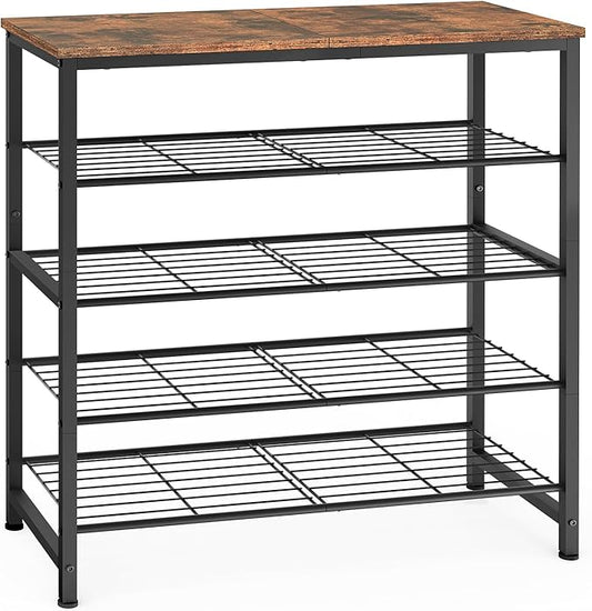 usikey 5-Tier Shoe Rack, Industrial Shoe Storage Organizer for 12-16 Pairs of Shoes, Metal Shoe Shelf with Wooden Top, Shoe Stand with 3 Metal Shelves for Entryway, Hallway, Closet, Rustic Brown-NeatNest
