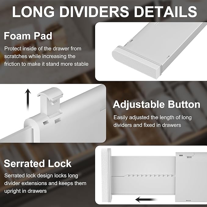HiYZ Expandable Drawer Dividers - 12.6-22.8'' Adjustable Drawers Organizers for Kitchen Utensils, Drawer Separators in Bedroom, Dresser, Office, Bathroom, Fridge, 5 Pack Long Dividers-Gray-NeatNest