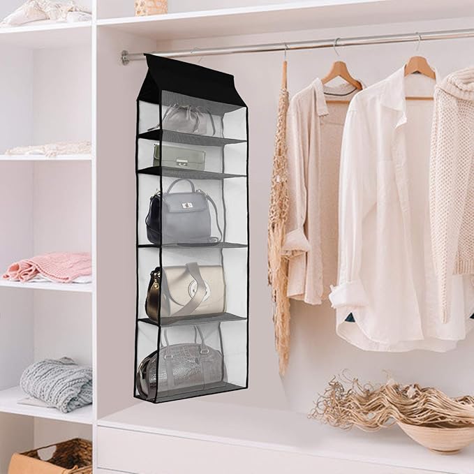 Improved Closet Handbag Purse Holder with 5 Large Heavy-Duty Mesh Shelves, Space Saving Hanging Handbag Storage Tote Bag Organizer Holder for Wardrobe Closet(Black)-NeatNest