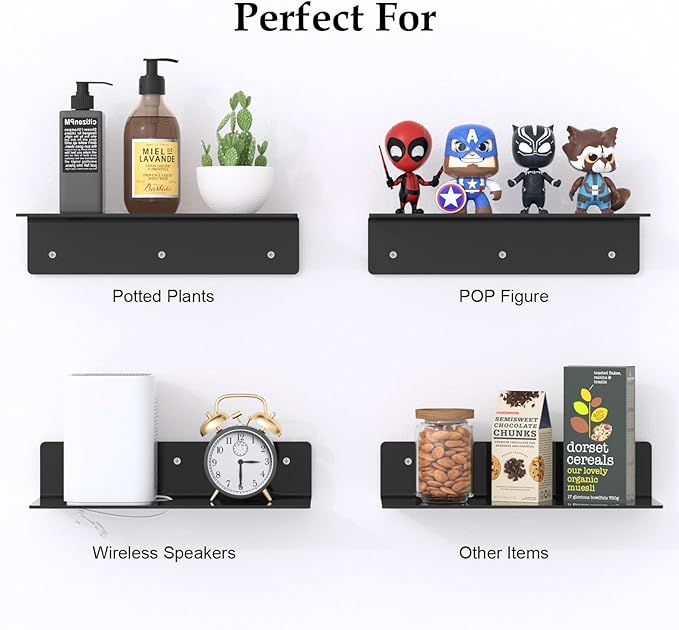 12" Black Acrylic Floating Shelves, 4 Pack Small Floating Shelf with Cable Clips for Living Room, Bathroom, Gaming Room, Dorm Wall Display Space-NeatNest