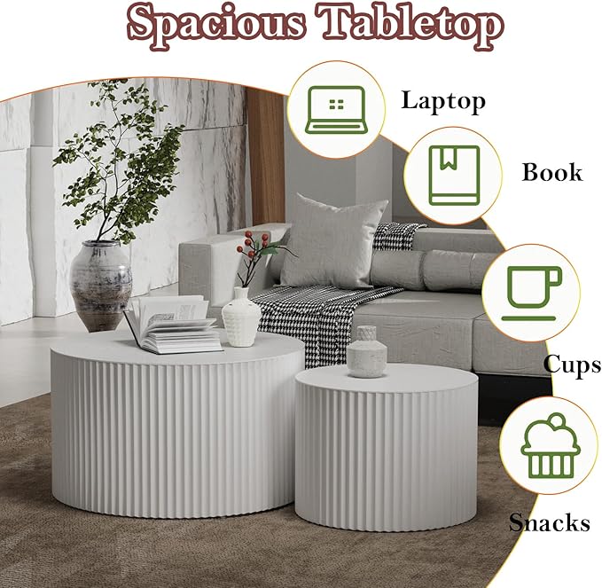 Round Nesting Coffee Table White Modern Circular Stripe Coffee Tables Set of 2 No Assembling for Small Space - Living Room Study Balcony (J-27.6+19.7in)