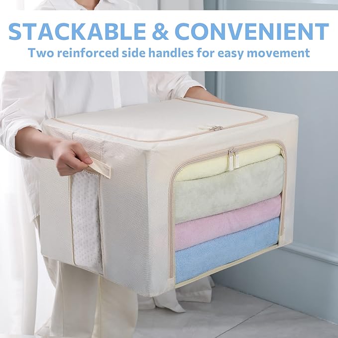 3Pack Frame Storage Box - Clothes Storage Bin Bags Oxford Fabric Foldable Stackable Container Organizer Set with Clear Window & Carry Handles Large Capacity (Beige, Large-66L)-NeatNest
