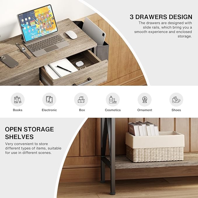 Gizoon 47" Entryway Table with 3 Drawers and 3 Tier Storage Shelves, Industrial Narrow Long Sofa Table, Farmhouse Style Console Table for Living Room, Hallway, Couch, Small Spaces - Grey-NeatNest