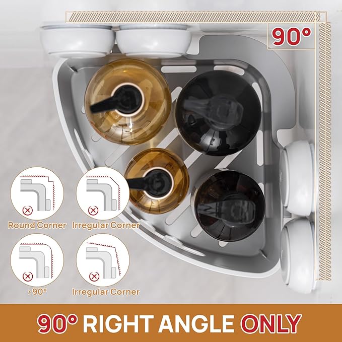 LEVERLOC Corner Shower Caddy Suction Cup, Shower Caddy Basket Powerful Suction Bathroom, Waterproof & Rustproof Organizer for Bathroom Storage, No-Drilling Removable (Grey)