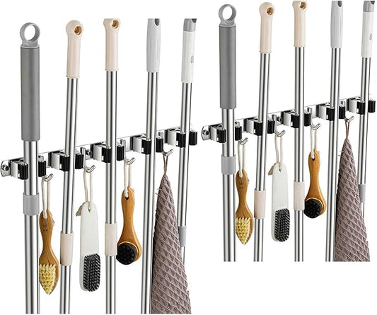 2 Pack Broom Holder Wall Mount, Stainless Steel Broom Hanger Wall Mount, Heavy Duty Mop and Broom Holder Tool Racks Utility Hooks for Laundry Room Garden Garage, Black (5 Racks and 4 Hooks)-NeatNest