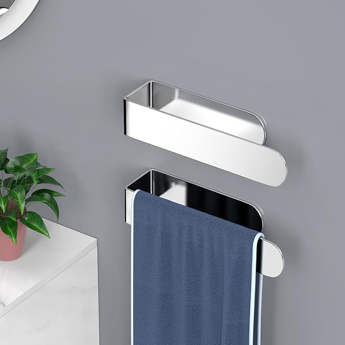 HUFEEOH 2 Pack Adhesive Hand Towel Holder, Sticky Towel Bar Towel Holder Wall Mounted, Stainless Steel Kitchen Towel Holder Hand Towel Rack for Bahtroom Hotel RV Kitchen (Polished Silver)