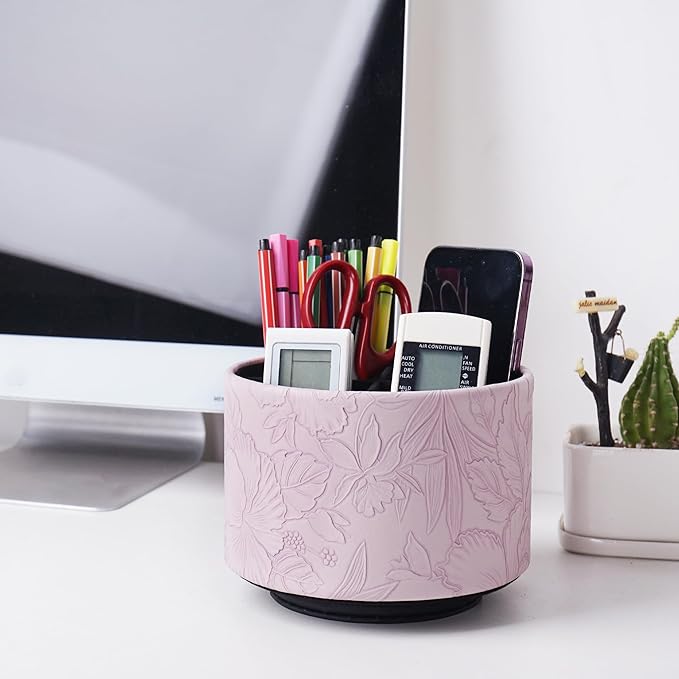 Hennaja Round Leather Art Supply Organizer,Remote Control Holder,360 Degree Spinning,Multi-Functional Pencil Holder,4 Compartments Desktop Stationary Organizer(1-Carved Purple)-NeatNest