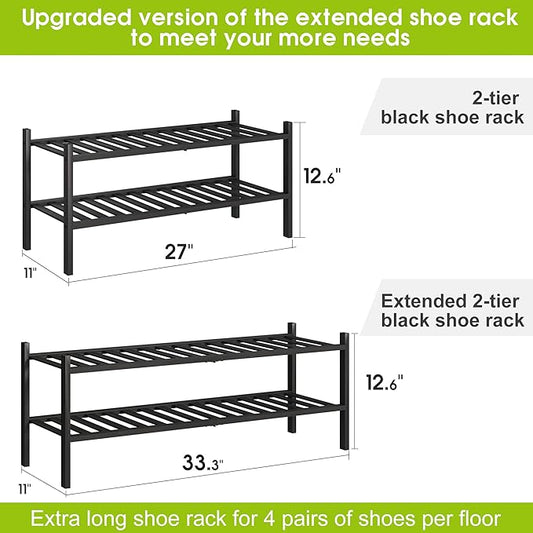 BMOSU 2-Tier Bamboo Extended Shoe Rack Premium Stackable Shoe Shelf Storage Organizer for Hallway Closet Living Room Entryway Organizer (Black Bamboo)-NeatNest