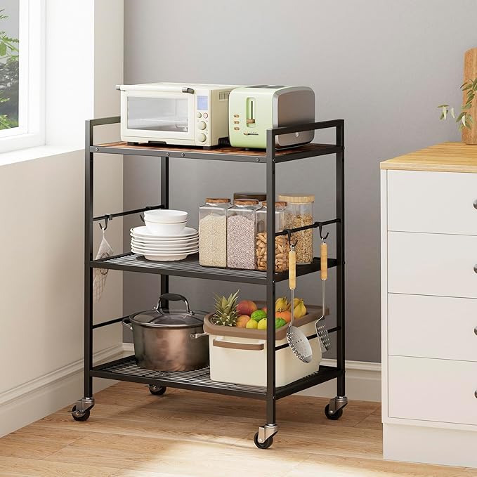 3-Tier Metal Storage Rack with Industrial Wheels,Mesh Shelving Unit with Wooden Table top,Adjustable Shelf,23.6-Inch Width,15.8-Inch Depth, for Kitchen, Laundry,Pantry,Plant,Black