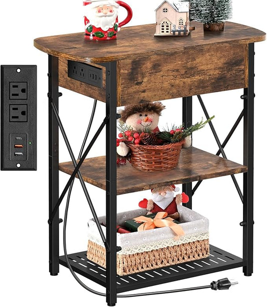 Narrow End Table with Charging Station, Side Table with 3 USB Ports and 2 AC Outlets, Flip Top End Table with Storage, Nightstand with Drawer, Side Tables Living Room, Bedroom, Brown
