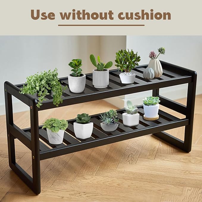 Entryway Shoe Bench, 2-Tier Solid Wood Shoe Bench Entryway for Entryway Bathroom Bedroom (Black, 31.5 INCH)