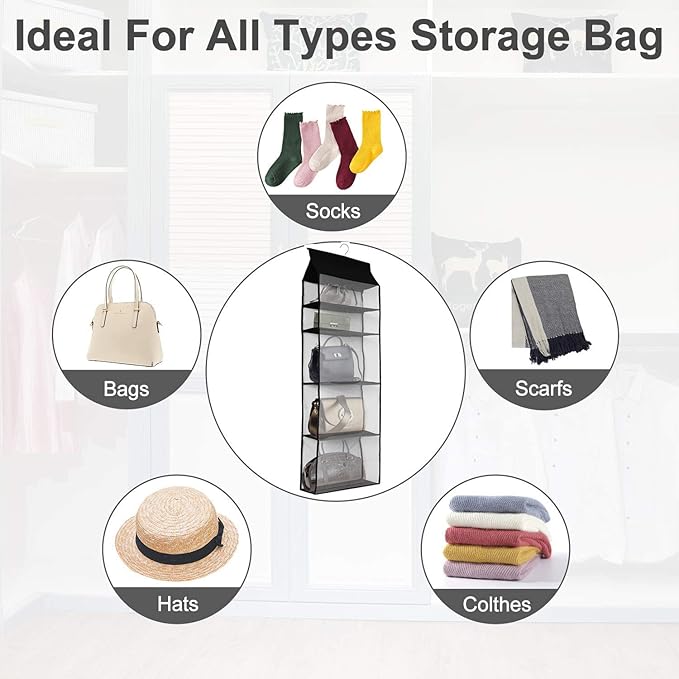 Improved Closet Handbag Purse Holder with 5 Large Heavy-Duty Mesh Shelves, Space Saving Hanging Handbag Storage Tote Bag Organizer Holder for Wardrobe Closet(Black)-NeatNest