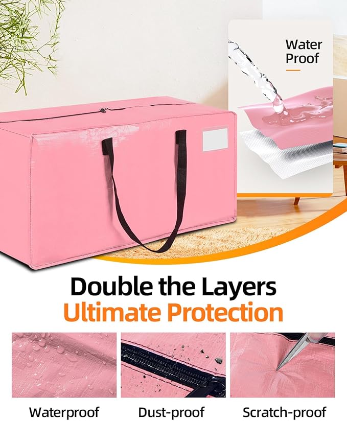 12 Pack Extra Large Moving Bags, Heavy Duty Packing Bags with Zippers and Handles for Space Saving, Clothes Storage, College Essentials, Travel, Pink