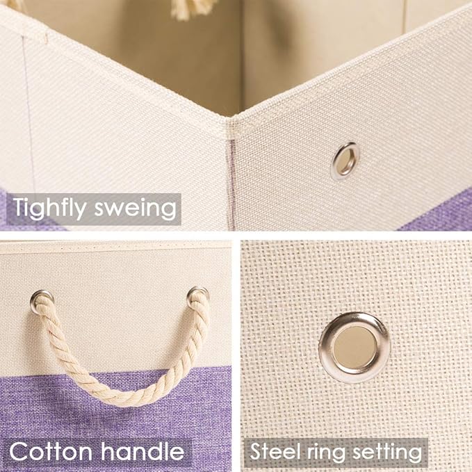PRANDOM Large Foldable Cube Storage Bins 11x11 inch [2-Pack] Fabric Linen Storage Baskets Cubes Drawer with Cotton Handles Organizer for Shelves Nursery Closet Bedroom Purple-NeatNest