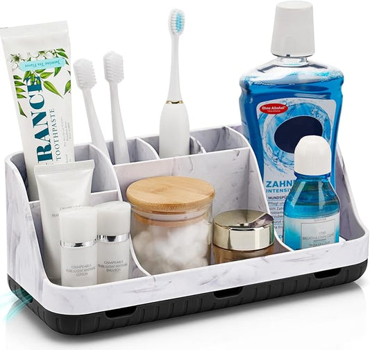 Marble Bathroom Countertop Organizer - Detachable 7 Slots Kids Electric Toothbrush and Toothpaste Holde Drainage for Bathroom Accessories Organization Counter Vanity Storage, Black