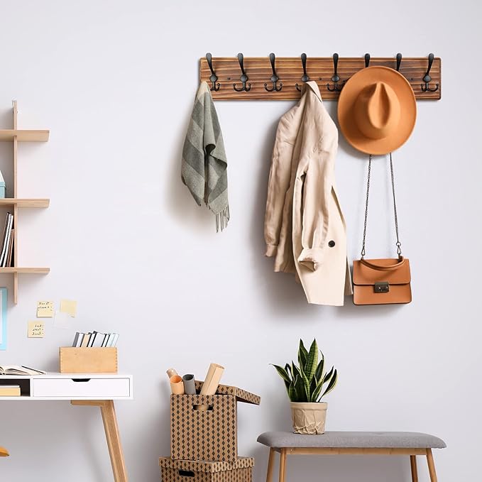 Coat Rack Wall Mount, Wooden Heavy Duty Coat Rack for Wall,8 Triple Coat Hanger Hooks for Hanging Coats,Jacket,Hat,Clothes (Brown, 8 Hooks)-NeatNest