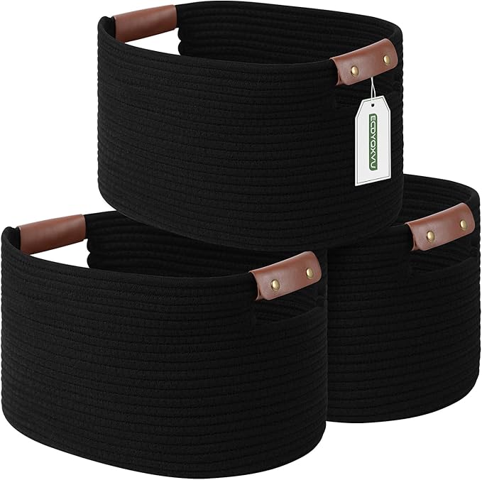 Cotton Rope Basket , Storage Baskets with Handle, 15x10x9 Inch Woven Basket for Shelves, Laundry, Towels, Clothes, Books, Toys (Black 3Pack)-NeatNest