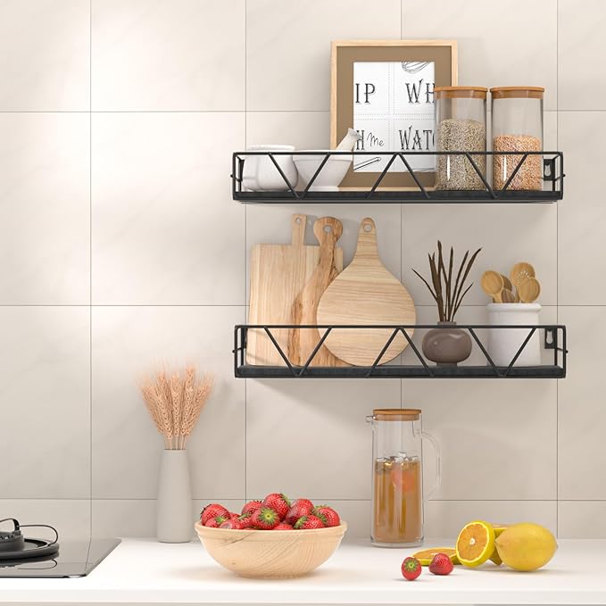 Floating Shelves Set of 3, Home Wood Wall Shelf, Farmhouse Shelf for Bedroom, Wall Mounted Floating Shelf for Living Room, Bedroom, Bathroom, Kitchen, Office (Black 2)-NeatNest