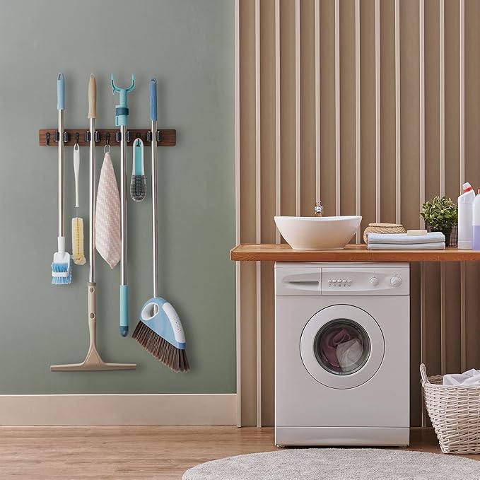 Mop and Broom Holder Wall Mount - Rustic Wood Broom Mop Hanger - Wall Mounted Garden Tool Rack Organizer for Closet Garage Laundry Room Kitchen Decor With 4 Slots & 4 Hooks-NeatNest