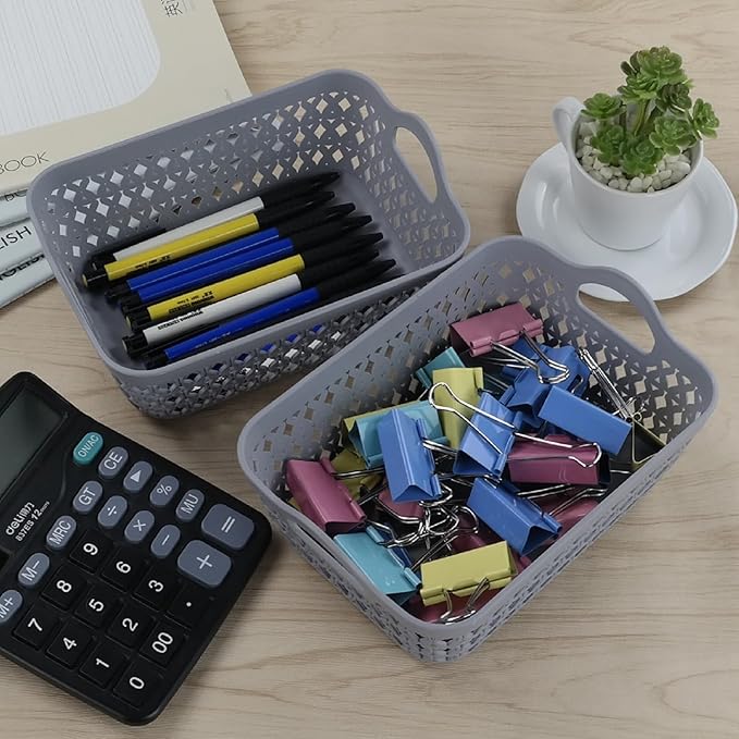 Kekow Gray Mini Plastic Storage Tray Basket with Handle, 12-Pack-NeatNest