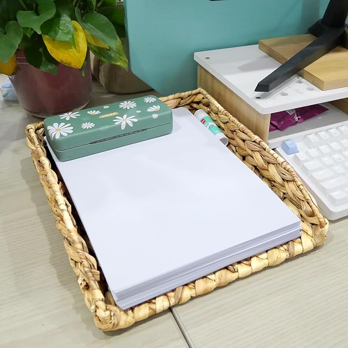 Water Hyacinth A4 Desk Paper Tray Rectangular Hand-Woven Rattan Desk Basket Document Tray Magazine Files Basket Organizer for Office Bathroom,2 Pack