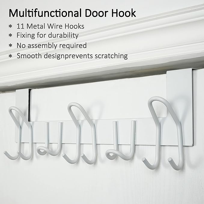SKOLOO Over The Door Hooks - for Doors up to 1-3/4'' Thickness, Pack of 2, Metal Door Hanger with 11 Hooks, Over The Door Hanger for Coats, Hats, Towels, White