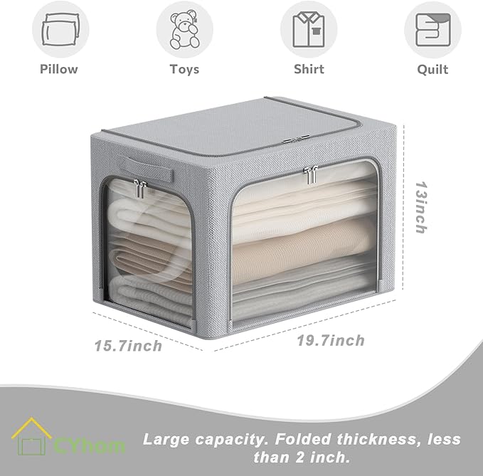 3 Openings Clothes Storage Bins Box - 3Pack Stackable Foldable Storage Bin - Metal Frame Storage Box Clothing Storage Organizer with Clear Window, Carry Handles (66L-19.7x15.7x13in, Light Grey)-NeatNest