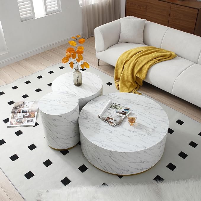 kevinplus White Side Table End Table for Living Room, Circle Wood, Faux Marble Grain, White & Gold (ø15.7'' x 19.6'')
