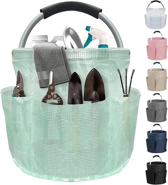 17L Cleaning Caddy for Cleaning Supplies, Foldable Tool Bucket Organizer with 6 Side Pockets, Portable Garden Tool Bag in PVC Resin, Folding Storage Basket for Camping, Gardening, Green-NeatNest