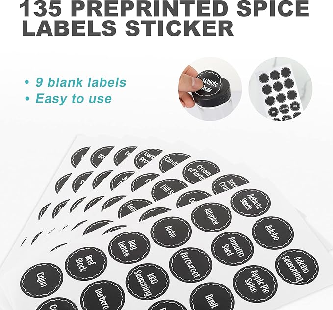 Black Countertop Rotating Spice Rack,Round Empty 16-Jars Revolving Spice Rack Organizer, 135 Spice Labels with Funnel Complete Set, for Kitchen Countertop, Cabinet-NeatNest