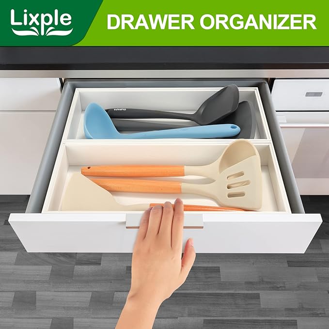 Kitchen Drawer Organizer - 2 Pack, Stackable Bamboo Drawer Organizers, Wooden Storage Box Tray for Cabinet, Pantry, Bathroom Countertop, Multi-use Organization and Storage (White)-NeatNest
