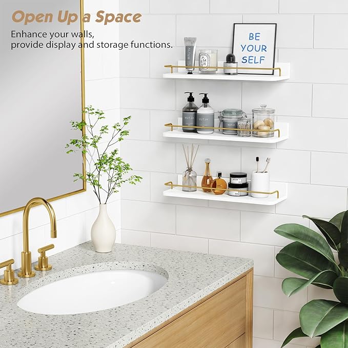 Forbena Gold Floating Shelves for Wall Decor Set of 3, Bathroom Shelves Over Toilet, Modern Display Wall Shelf with Guard Rail for Living Room Bedroom Organizers and Storage - White and Gold-NeatNest