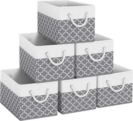 Fab totes Storage Bins [6-Pack], Foldable Storage Baskets for Organizing Toys, Books, Shelves, Closet, Large Storage Box with Rope Handles, Sturdy Organizer Bins,Clover Grey-NeatNest