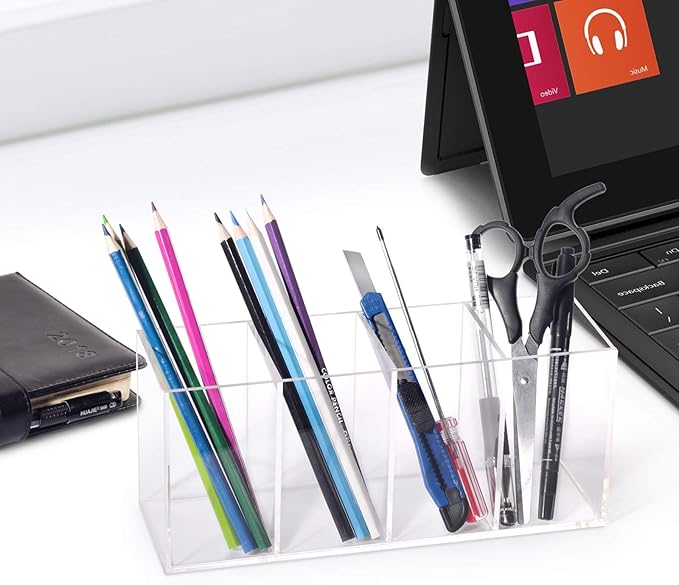 4 Slot Acrylic Pen Holder & Makeup Brush Organizer - Clear Desk Storage for Office, Beauty Supplies, Transparent Pencil, Marker, Paint Brush Holder, Stationery & Desk Accessories Organizer-NeatNest