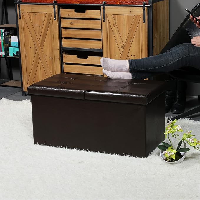 B FSOBEIIALEO Storage Ottoman with Filpping Lids, Ottoman Storage Bench Footrest Seat, Storage Chest Faux Leather 30"x15"x15" (Brown)
