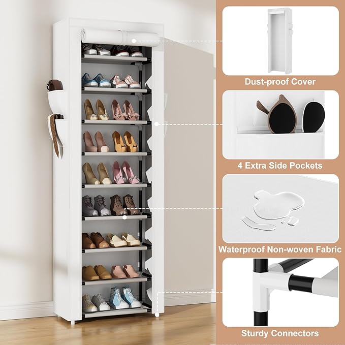 Shoe Rack with Cover Narrow Shoe Rack Organizer with 4 Side Pockets 10 Tier Tall Shoe Storage Shoe Shelf Holds 18-22 Pairs Shoes and Boots Shoe Rack for Closet, White-NeatNest