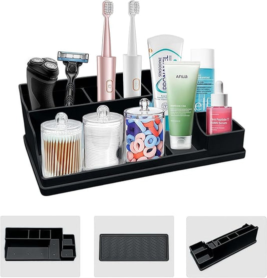 Silicone Multifunctional Bathroom Organizer Countertop,7Compartment Silicone Cosmetics Storage Organizer, Bathroom Countertop Accessories Storage,Toothbrush Stand for Vanity Office Sink，Black-NeatNest
