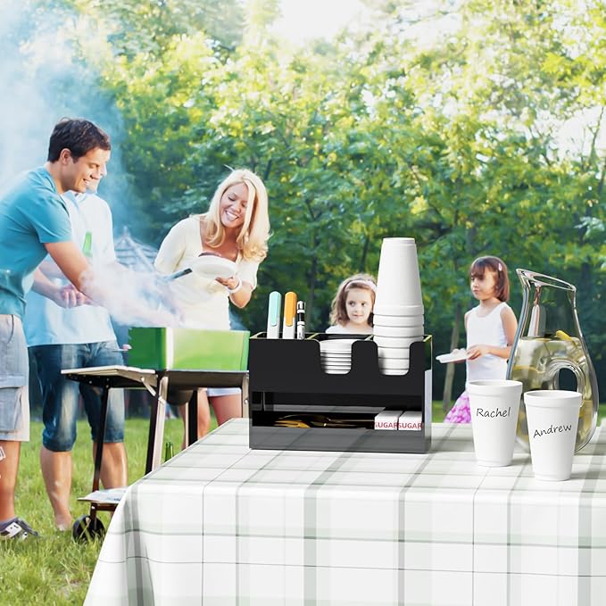 Coffee Condiment and Cup Organizer - 2-Tier Upright Cup and Lid Holder with Straw Organizer 4 Compartments Black Acrylic Cup Dispenser for Restaurant Breakroom Coffee Station Countertop-NeatNest