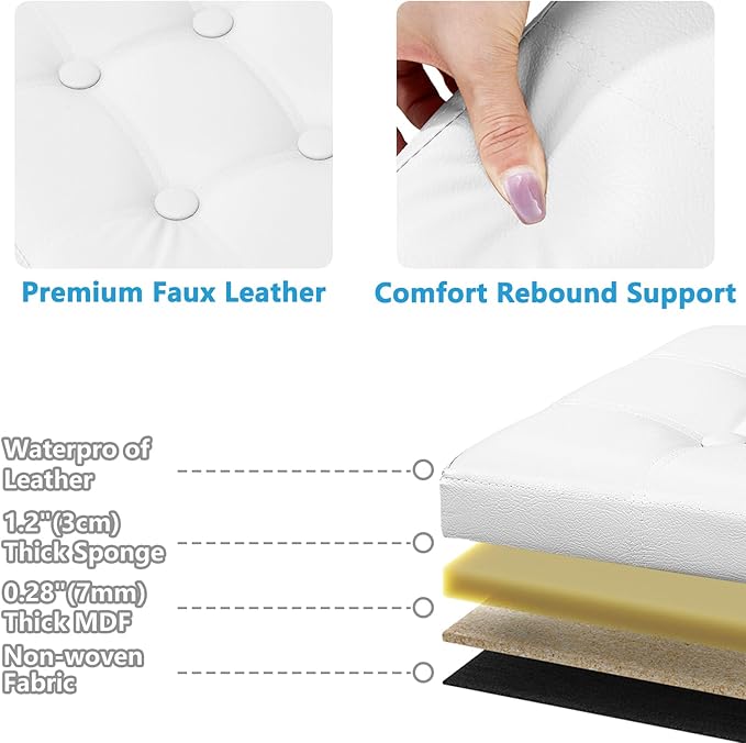 AmasSmile Storage Ottoman Folding Foot Rest Stool with Side Pocket, 17 inch Leather Footstool Bench, Short Ottoman Bench, Storage Foot Rest Store, Blanket Chest, White-NeatNest