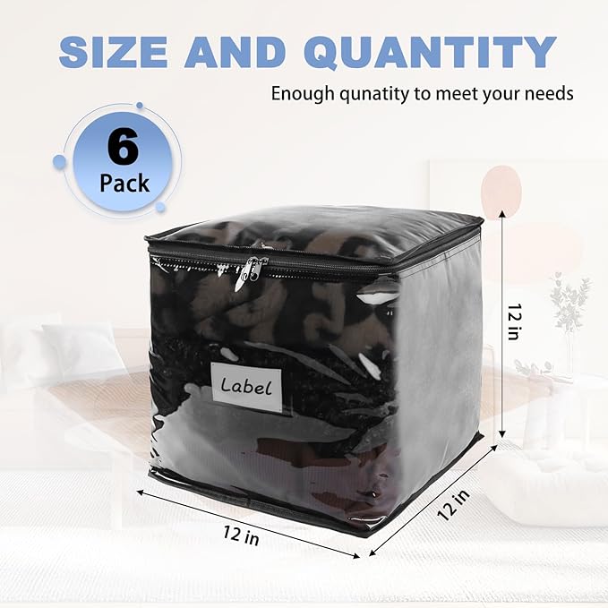 Clear Zippered Storage Bags Plastic Sweater Storage Bags with Zipper 6 Packs Clothing Organizer for Blankets Linen Sweater Bed Sheet Quilt Clothes Pillow (12 x 12 x 12 Inch, Black)-NeatNest