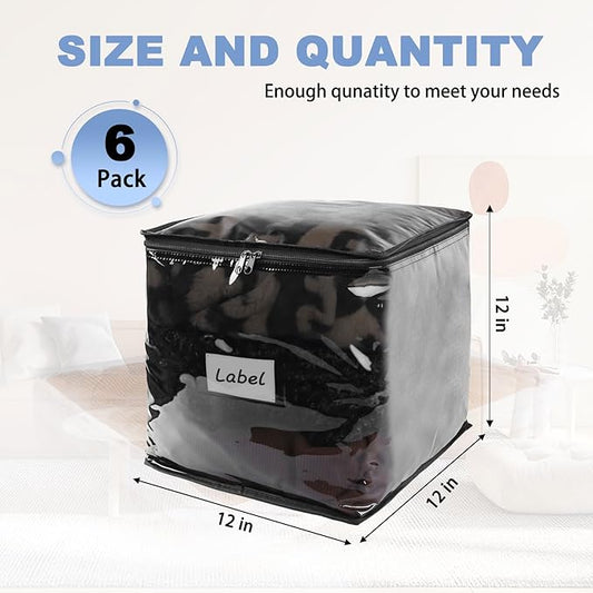 Clear Zippered Storage Bags Plastic Sweater Storage Bags with Zipper 6 Packs Clothing Organizer for Blankets Linen Sweater Bed Sheet Quilt Clothes Pillow (12 x 12 x 12 Inch, Black)-NeatNest