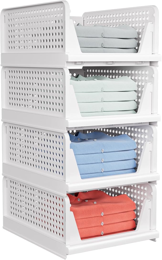 4 Pack Stackable Closet Storage Basket - Stackable Storage Bins, Multifunctional & Foldable Closet Organizer, Wardrobe Cupboard Space-Saving Clothes Storage Hat Organizer, White-NeatNest
