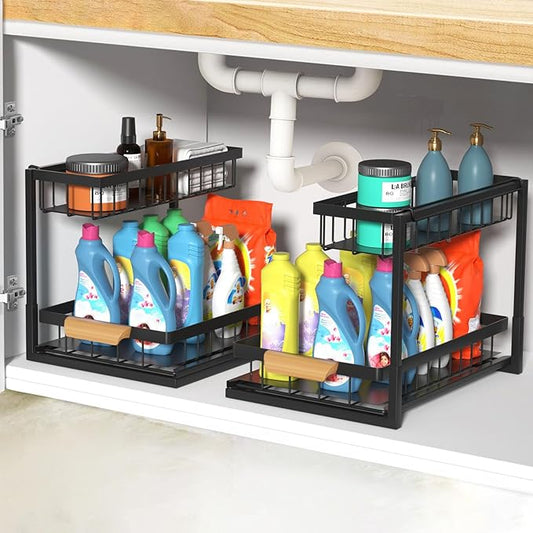 2 Pack Under Sink Organizer,Metal Pull Out Kitchen Cabinet Organizer with Sliding Drawer,Sturdy Multi-Functional for Bathroom Kitchen Organization,Black-NeatNest