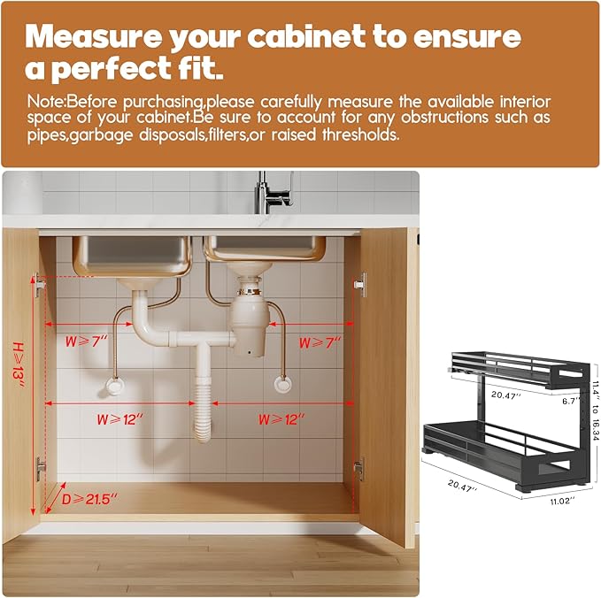 2-Pack 20.47"Deep Under Sink Organizer And Storage,2-Tier L-Shaped Pull Out Cabinet Organizer with Upgraded Slide Rails,Height Adjustable Drawers for Kitchen&Bathroom,Extra-Large Storage Shelves–Black-NeatNest