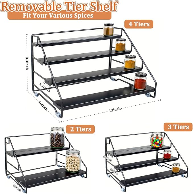 4 Tier Spice Rack Organizer for Cabinet, Step Adjustable Spice Shelf Seasoning Organizer with Non Slip Tiers, Expandable Metal Spice Rack for Kitchen Countertop, Pantry, Cupboard – Black-NeatNest