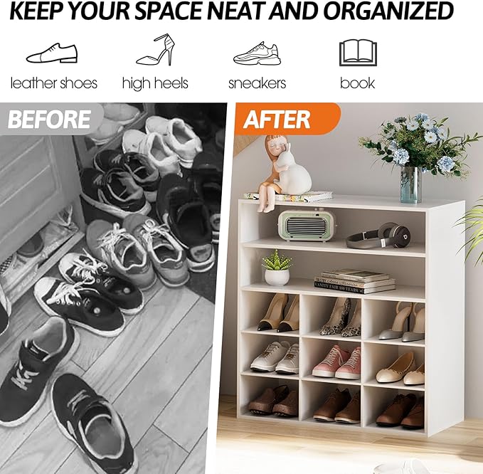 Garden 4 you Shoe Rack Organizer, 5-Tier Wood Cubby Shoe Rack with 2 Storage Shelf and 9 Cubbies, Shoe Organizer Cabinet for Entryway, Hallway, Closet and Garage, White-NeatNest