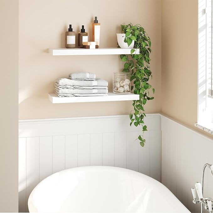 HOOBRO Floating Shelves for Wall, Wall Mounted Shelf Set of 2, 23.6" Hanging Shelf with Invisible Brackets, for Wall in Bathroom, Bedroom, Toilet, Kitchen, Living Room, Office, White WT60BJ01-NeatNest