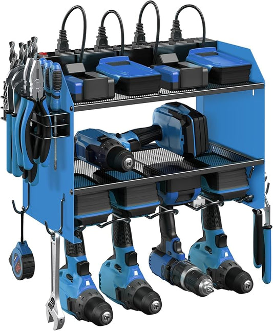 CCCEI Modular Power Tool Organizer Wall Mount with Charging Station. Garage 4 Drill Storage Shelf with Hooks, Screwdriver, Drill Bit Heavy Duty Rack, Tool Battery Holder Built in 8 Outlet Power Strip.-NeatNest