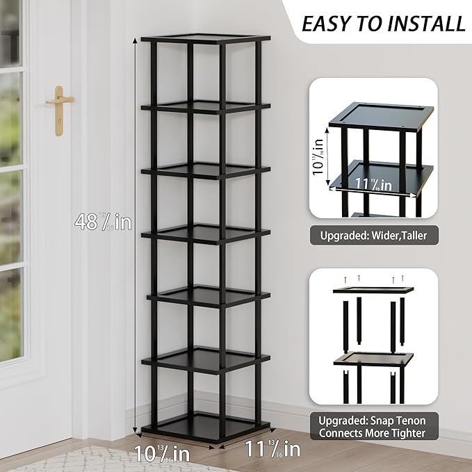 Vertical Tall Shoe Rack Organizer for Entryway -7 Tier Free Standing Slim Narrow Bamboo Wood Corner Stackable Shoe Boots Storage Stand Small Spaces for Closet Garage Cloakroom Living Room (Black)-NeatNest